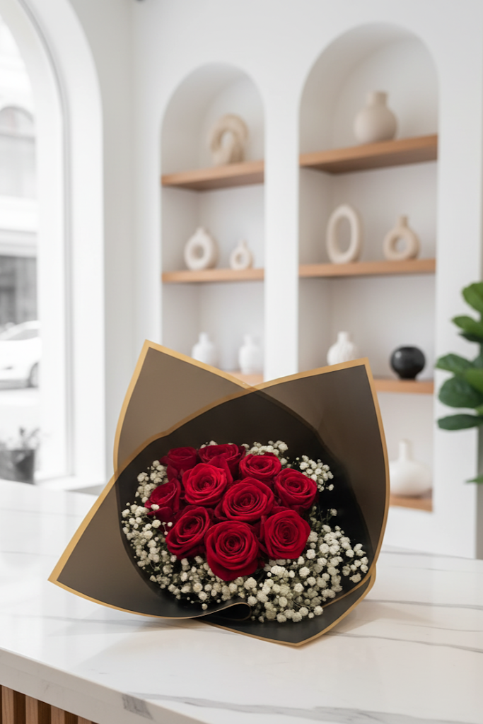 Luxury Rote Rosen mit schleierkraut Edel verpackt