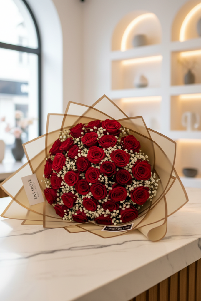 Luxury Rote Rosen mit schleierkraut Edel verpackt