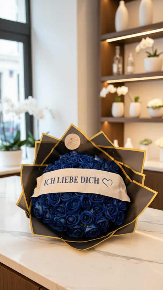 60 Samtrosen Blau mit Ich Liebe dich