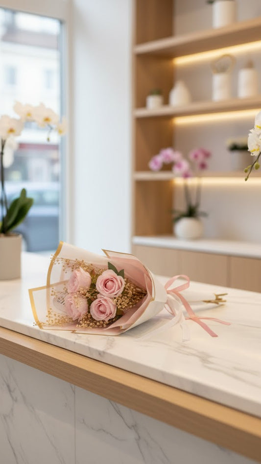 3 künstlichen Luxury Samtrosen mit echten Trockenblumen in Pink