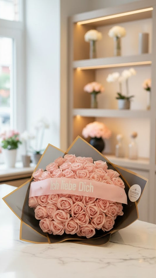 60 Samtrosen Pink mit Ich Liebe dich