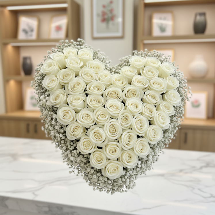 Autodekoration Herzform Weiße Rosen und Schleierkraut