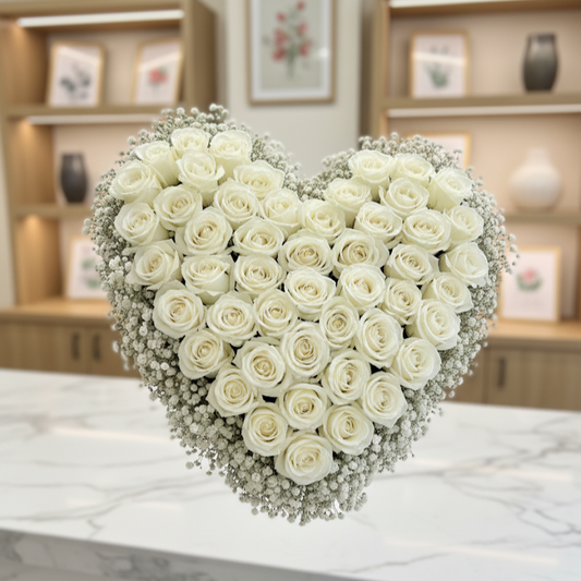 Autodekoration Herzform Weiße Rosen und Schleierkraut