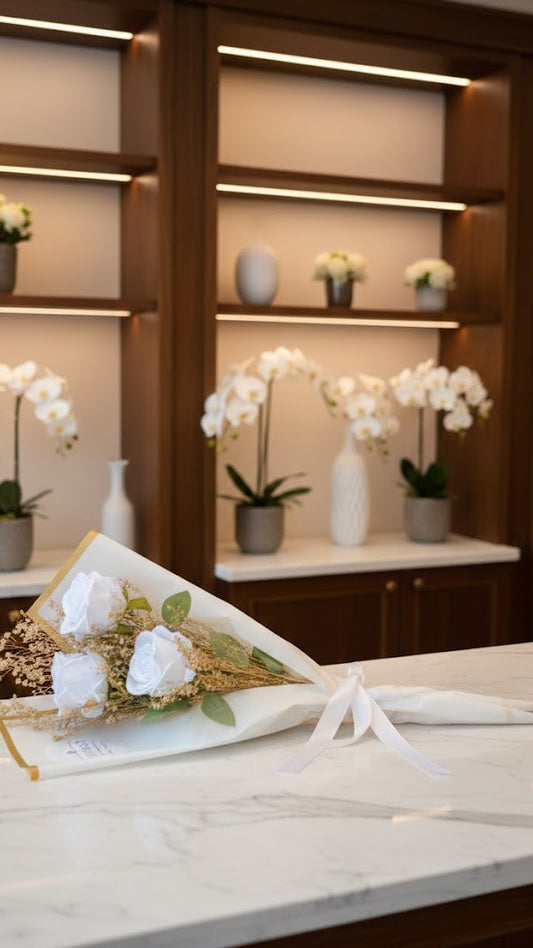 3 künstlichen Luxury Samtrosen mit echten Trockenblumen in Weiss