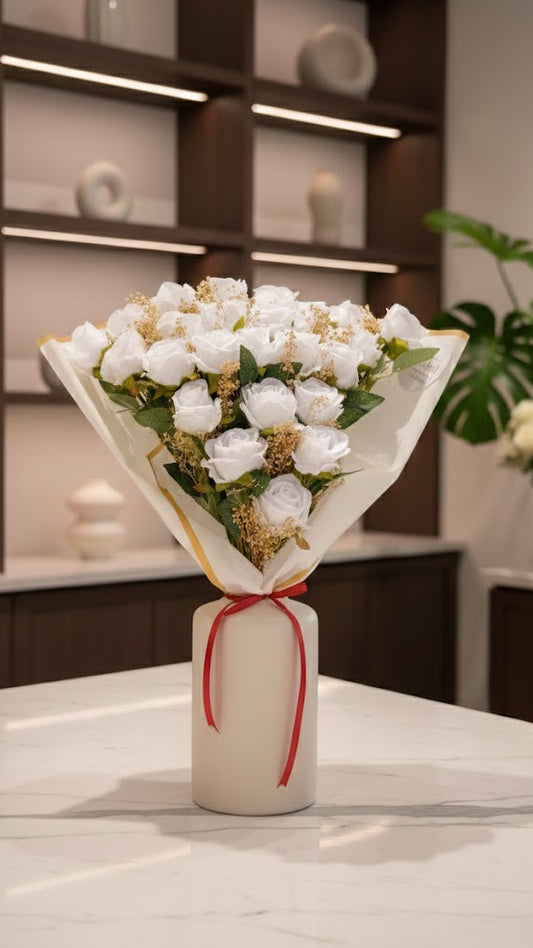 25 Luxury Kunstrosen Strauß Weiss