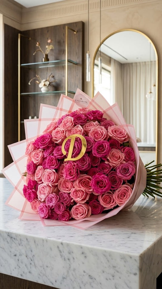 Luxus Rosenstrauß „Pink Initial" – Rosen mit Wunschbuchstabe