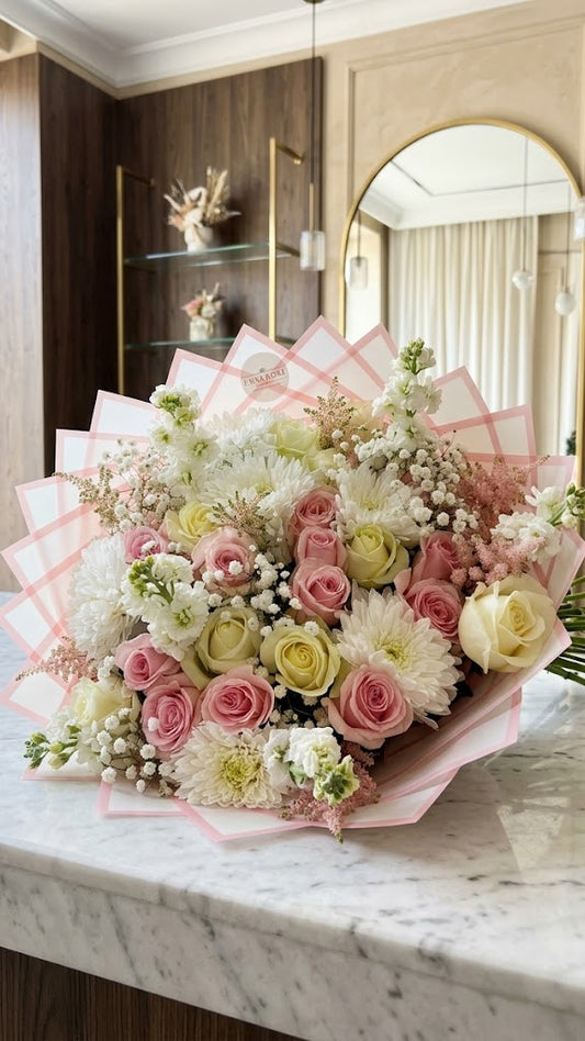 Luxus Blumenstrauß „Soft Blossom" – Rosen, Chrysanthemen & Astilben