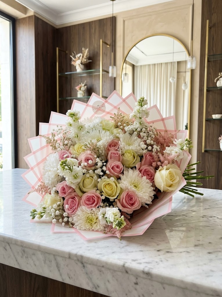 Luxus Blumenstrauß „Soft Blossom" – Rosen, Chrysanthemen & Astilben