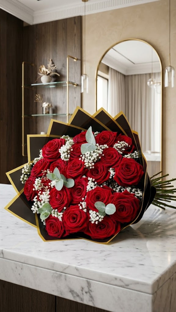 Luxus Rosenstrauß „Red & Black" – Rote Rosen mit Schleierkraut & Eukalyptus
