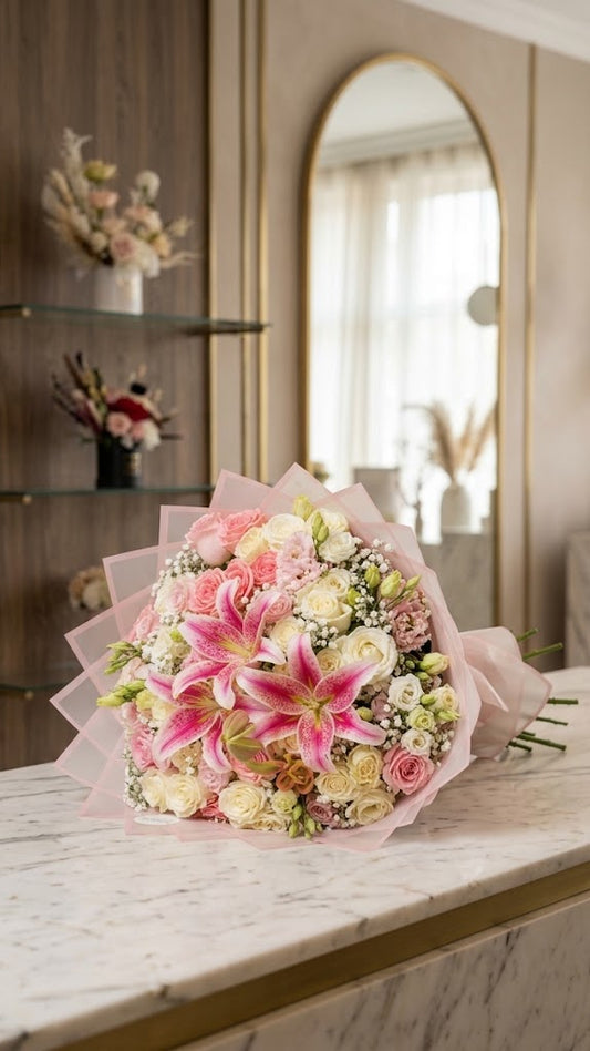 Luxus Blumenstrauß „Pink Lily" – Lilien, Rosen & Eustoma