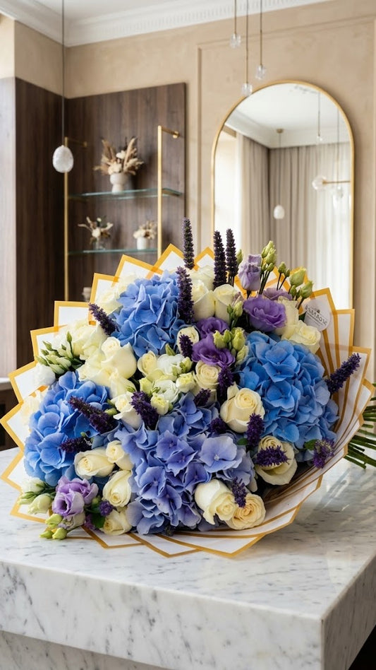 Luxus Blumenstrauß „Blue Elegance" – Hortensien, Rosen & Eustoma