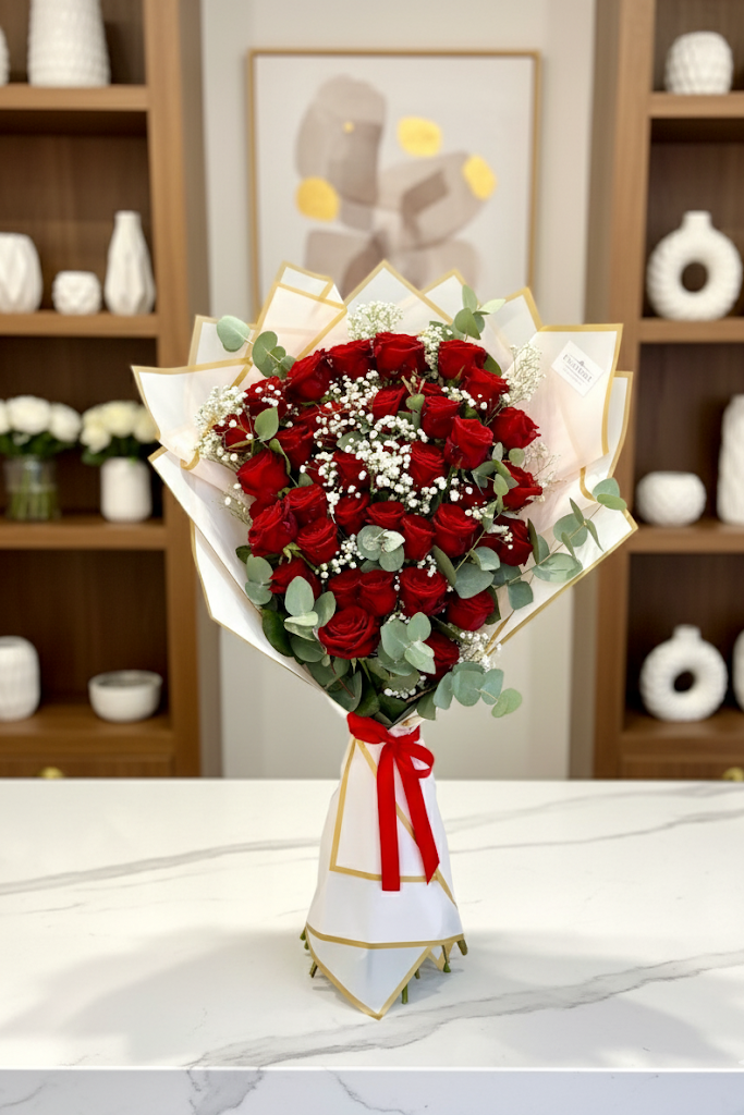 40 Rosen Edel verpackt Eukalyptus Schleierkraut