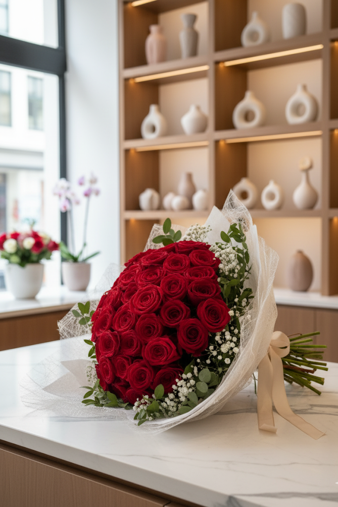 Luxury Rosen mit Ruscus und Schleierkraut Edel Verpackt