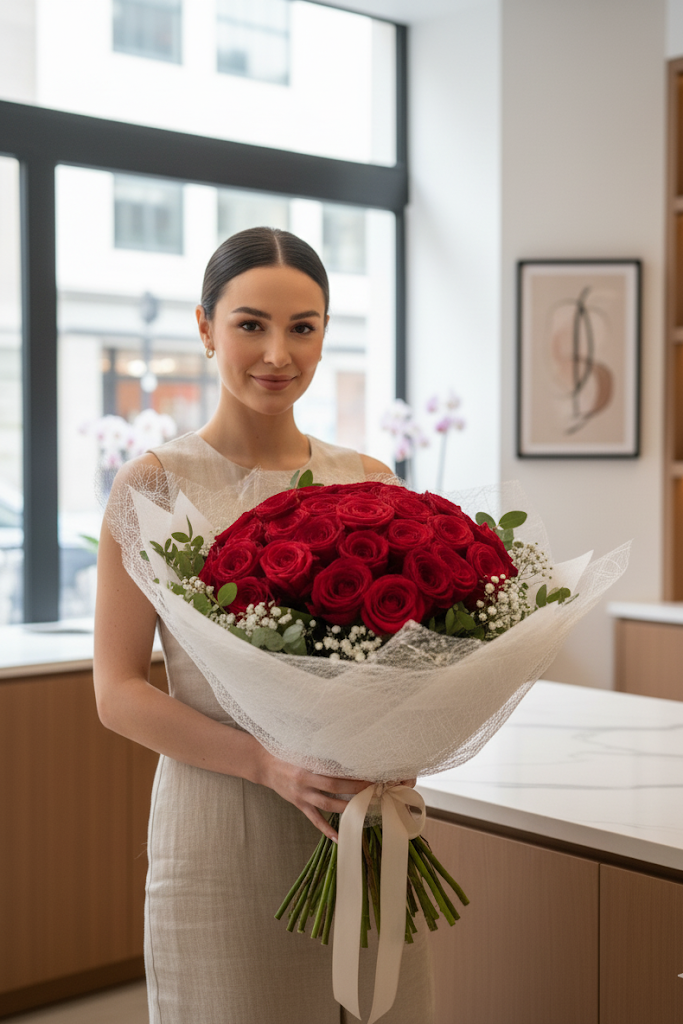 Luxury Rosen mit Ruscus und Schleierkraut Edel Verpackt