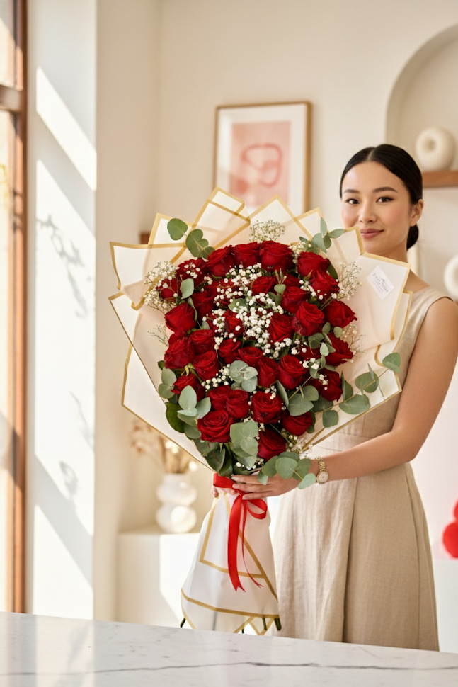 40 Rosen Edel verpackt Eukalyptus Schleierkraut