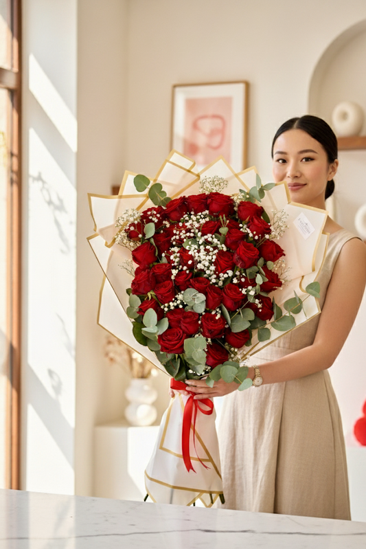 40 Rosen Edel verpackt Eukalyptus Schleierkraut