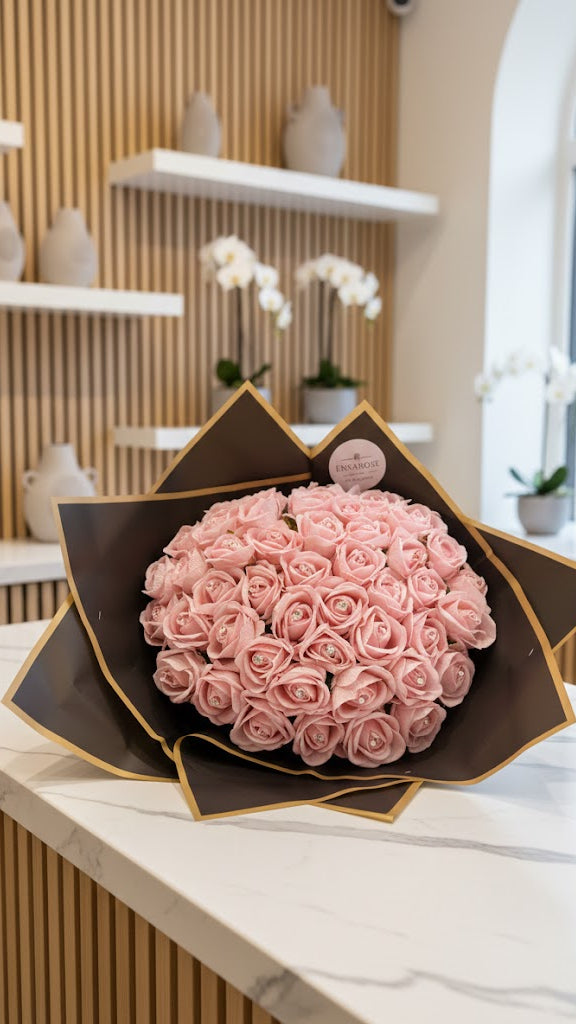 50 Künstliche Samtrosen Rosa mit Diamanten