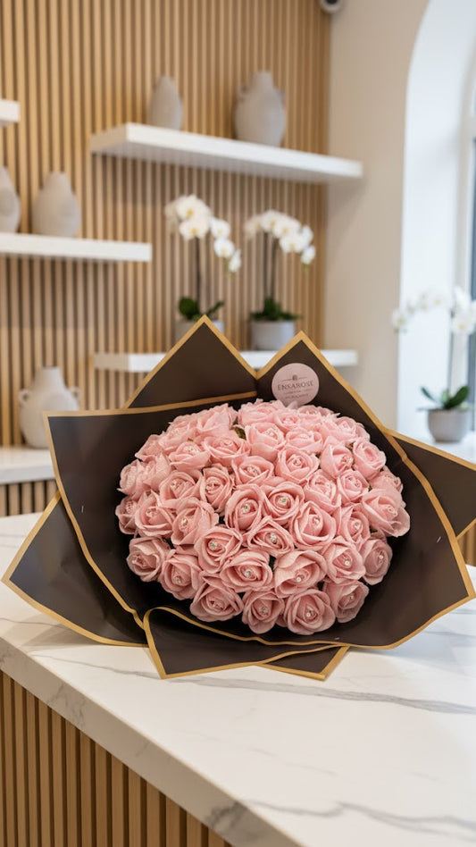 50 Künstliche Samtrosen Rosa mit Diamanten