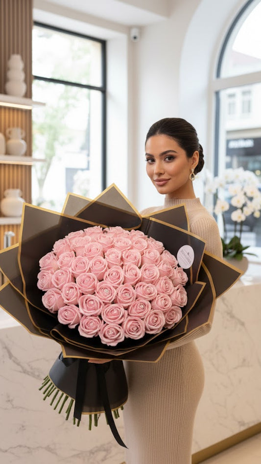 50 Künstliche Samtrosen Rosa mit Diamanten