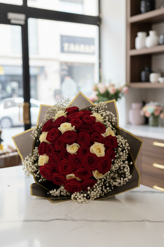 50 Stück rote sowie weisse Rosen mit Schleierkraut