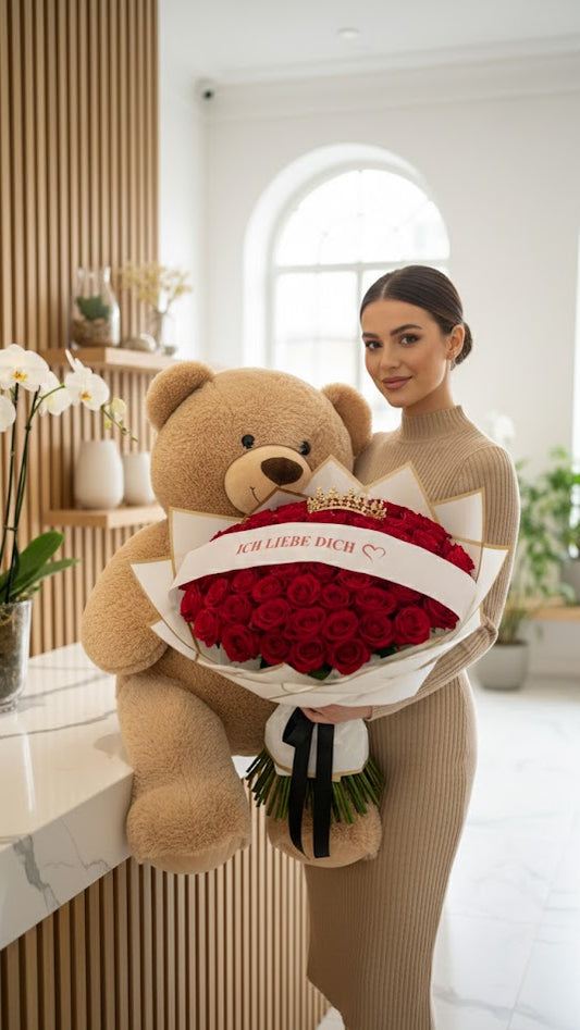 60 Samtrosen mit Ich Liebe dich Schleife und Teddybär