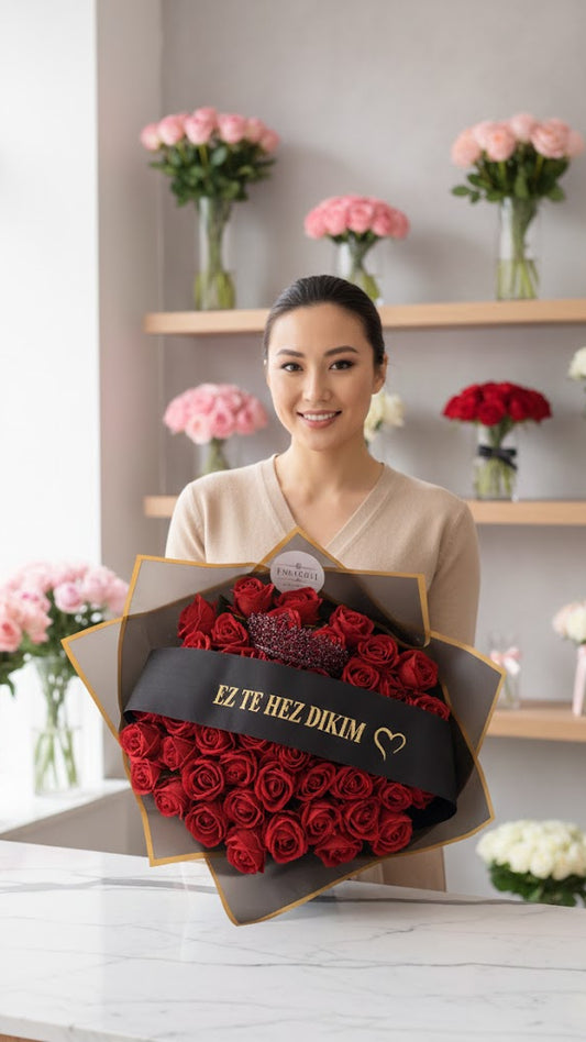 50 Samtrosen mit einer personalisierten Schleife