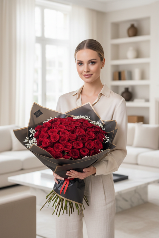 Luxury Rote Rosen mit schleierkraut Edel verpackt
