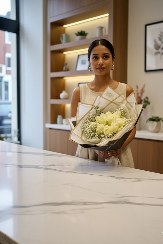 15er Rosenstrauß Weiß Edel verpackt