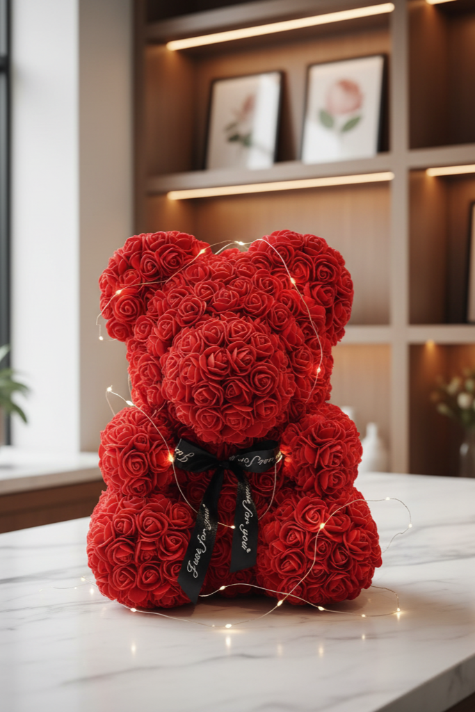 Rosenbär Rot / Weiß Edel verpackt mit LED (40cm)