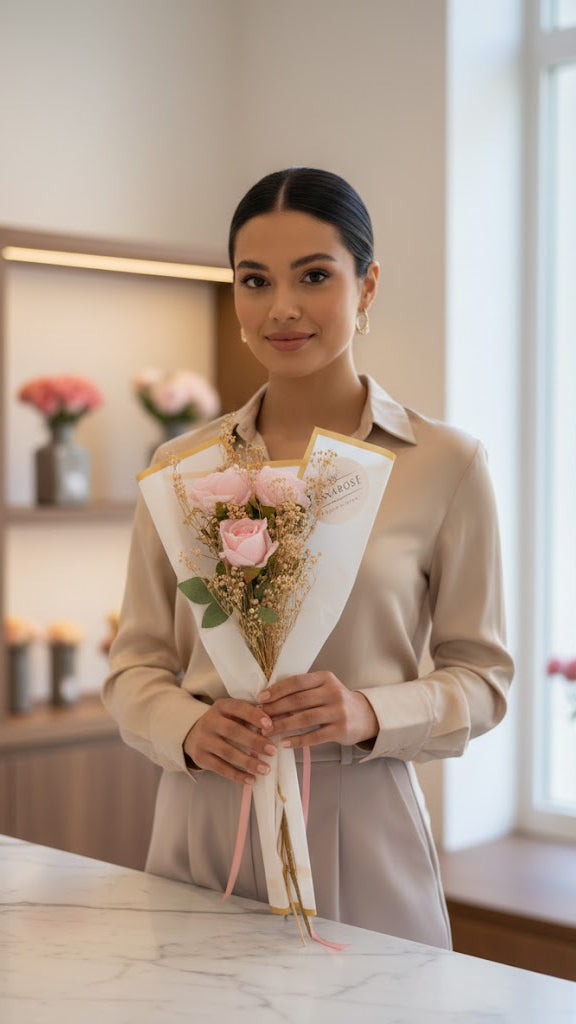 3 künstlichen Luxury Samtrosen mit echten Trockenblumen in Pink
