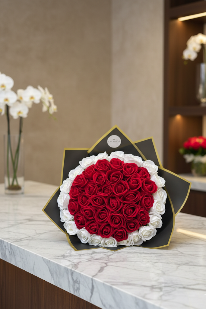 45 Künstliche Samt Rosen Rot / Weiss