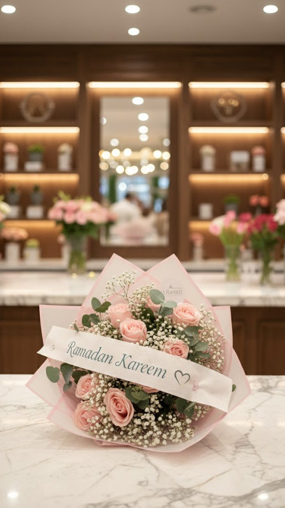 15 künstlichen Luxury Samtrosen Rosa mit frischem Schleierkraut, Eukalyptus und Schleife
