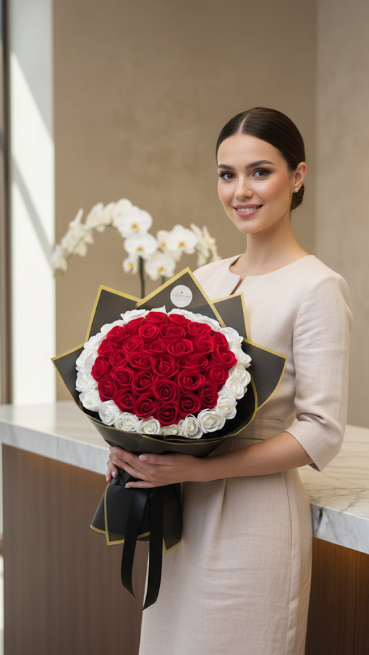 45 Künstliche Samt Rosen Rot / Weiss