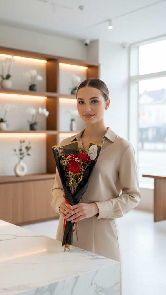 3 künstlichen Luxury Samtrosen mit echten Trockenblumen in Rot