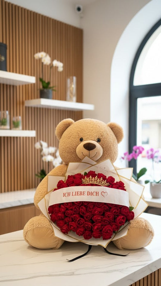 60 Samtrosen mit Ich Liebe dich Schleife und Teddybär