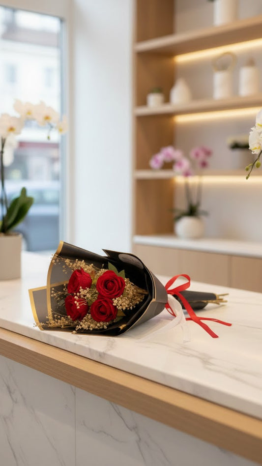 3 künstlichen Luxury Samtrosen mit echten Trockenblumen in Rot
