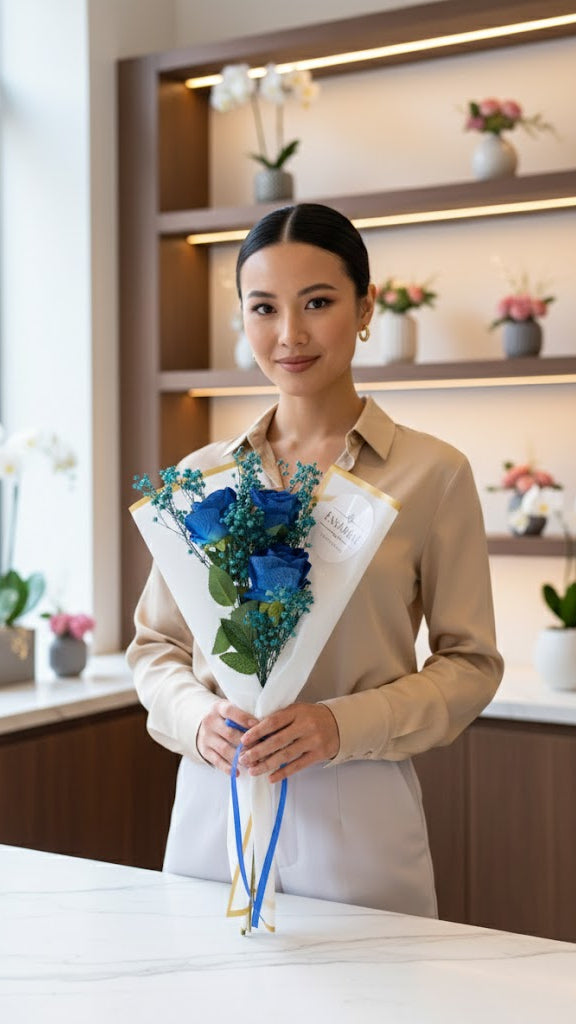3 künstlichen Luxury Samtrosen mit echten Trockenblumen in Blau