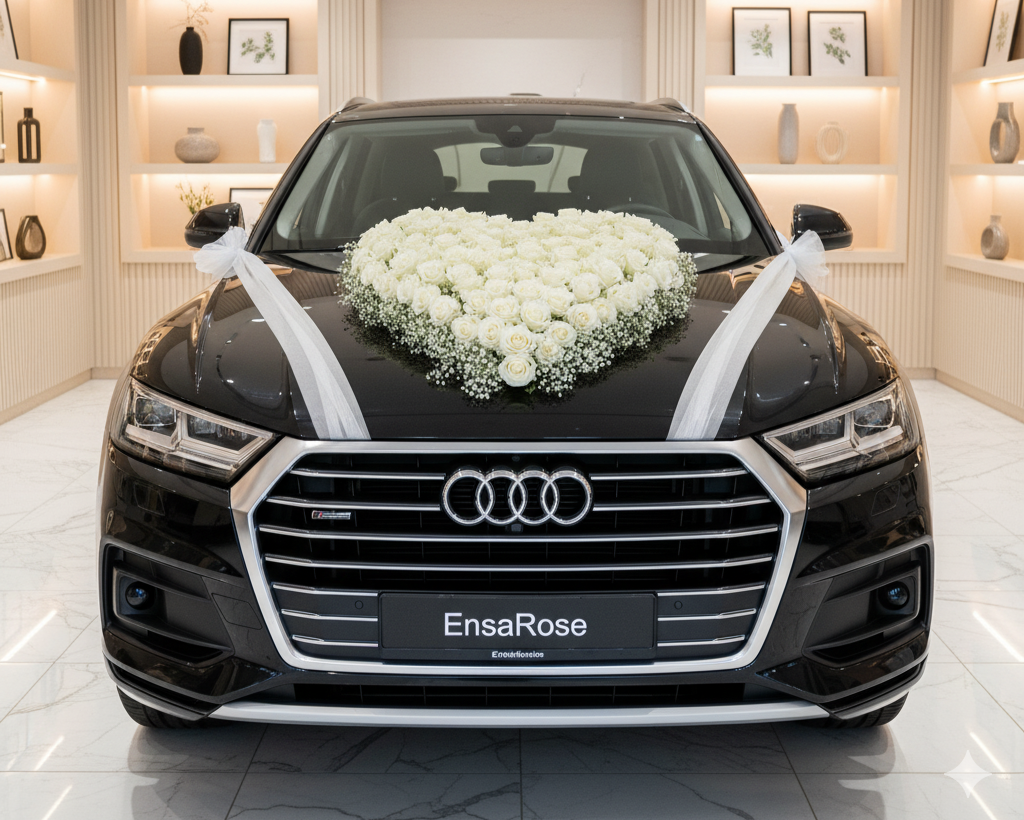 Autodekoration Herzform Weiße Rosen und Schleierkraut