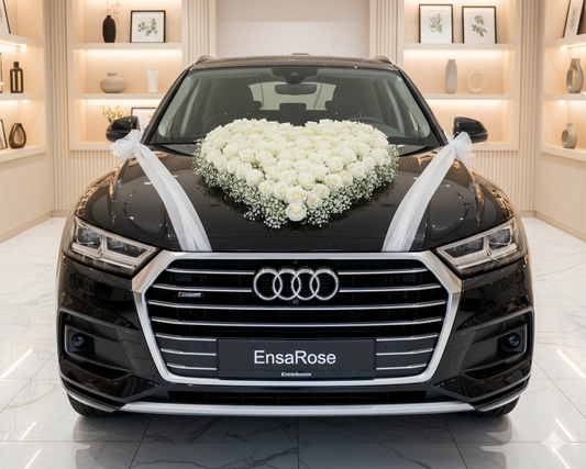 Autodekoration Herzform Weiße Rosen und Schleierkraut