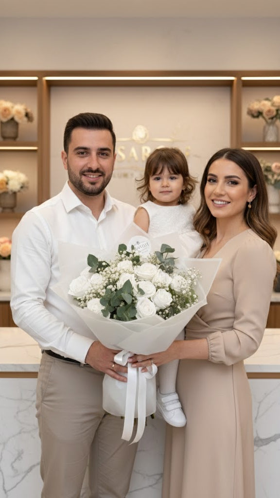 15 künstlichen Luxury Samtrosen Weiss mit frischem Schleierkraut und Eukalyptus
