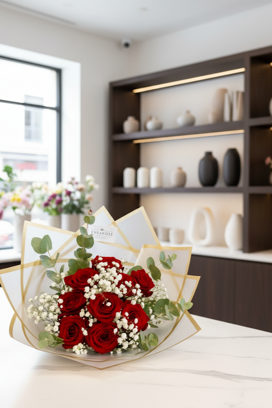 10er Luxury Rosenstrauß euka/schleier