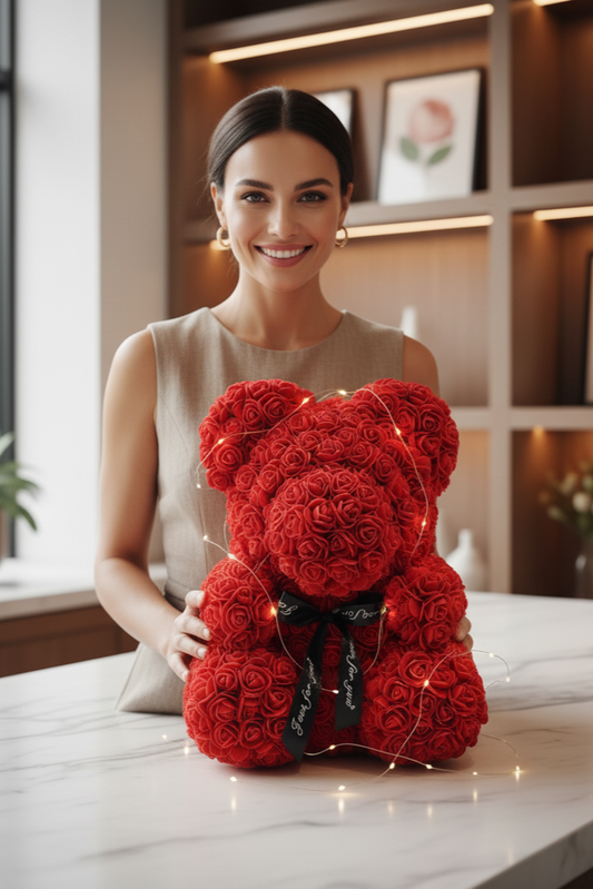 Rosenbär Rot / Weiß Edel verpackt mit LED (40cm)