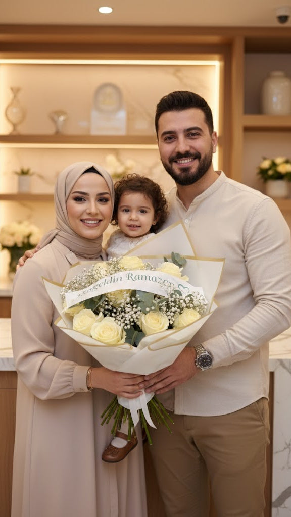 15 frische Luxury Rosen mit Eukalyptus, Schleierkraut und Schleife