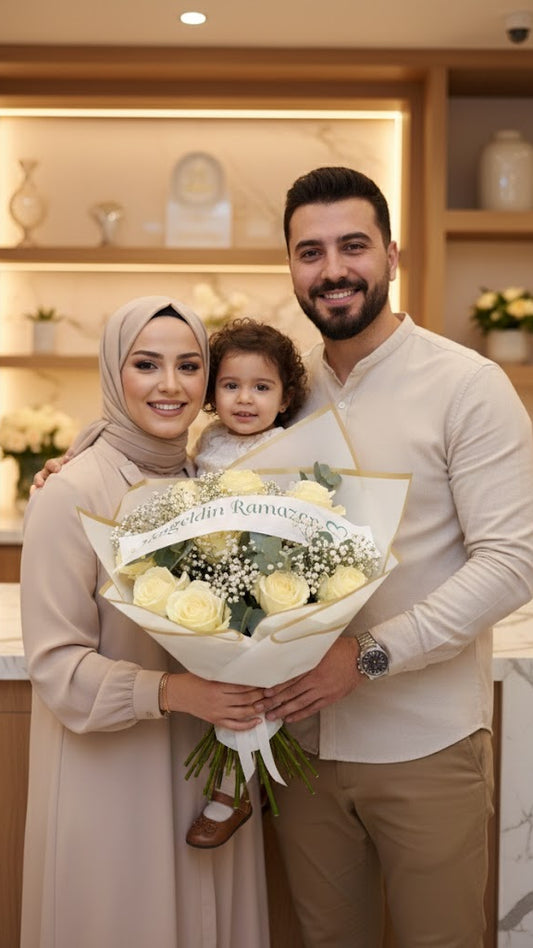 15 frische Luxury Rosen mit Eukalyptus, Schleierkraut und Schleife