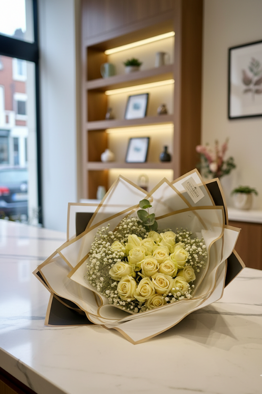 15er Rosenstrauß Weiß Edel verpackt